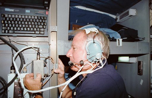 STS-35 Commander Brand talks to family using SAREX on OV-102's middeck