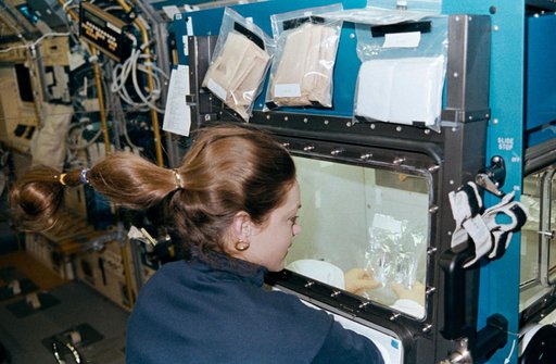 STS-40 Mission Specialist (MS) Jernigan uses the SLS-1 GPWS glovebox
