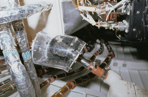 STS-40 DTO 647 prototype filter documented under OV-102's middeck subfloor