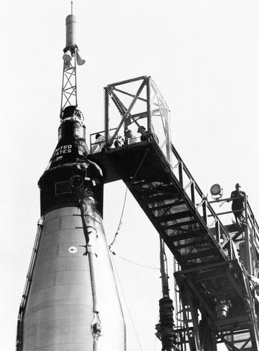 View of Friendship 7 capsule on top of booster rocket