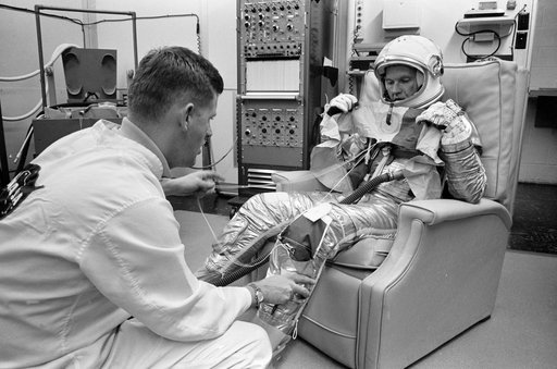 ROCHFORD, AL - ASTRONAUT COOPER, GORDON L. - LIFE VEST CHECK - PRELAUNCH ACTIVITIES - MERCURY-ATLAS (MA)-9 - MSC