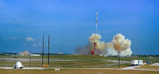 Launch of the Gemini 5 spacecraft from Pad 19 at 9 a.m. Aug. 21, 1965.
