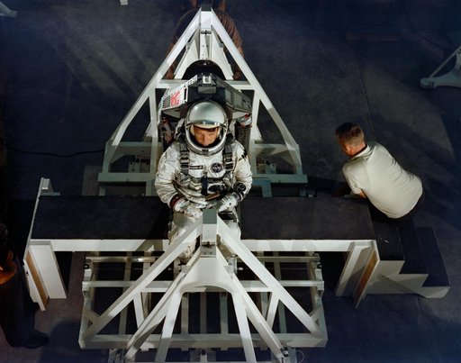 Astronaut Walter Schirra during weight and balance test