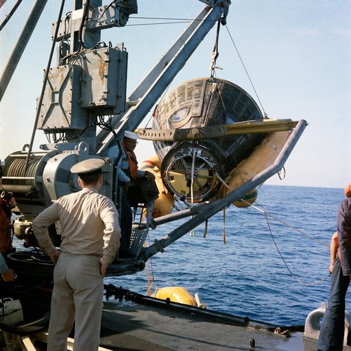 GEMINI-TITAN (GT)-8 - RECOVERY - SPACECRAFT (S/C) HOISTED ABOARD - PACIFIC
