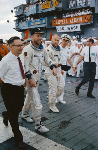ASTRONAUT JAMES A. LOVELL, JR. - RECOVERY - GEMINI-TITAN (GT)-12 - ON BOARD CARRIER - ATLANTIC