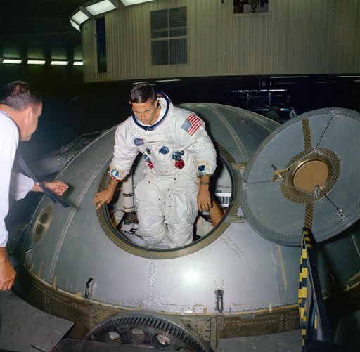 Apollo 8 prime crew inside centrifuge gondola in bldg 29 during training