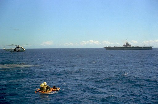 Apollo 16 Command Module during recovery operations after splashdown