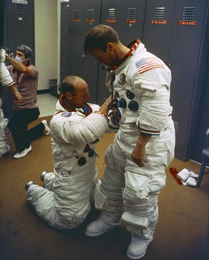 Skylab 2 prime crew suit up during prelaunch training activity