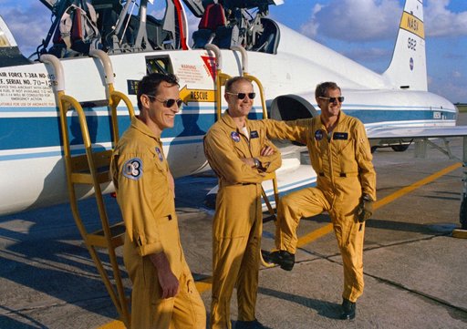 Skylab 4 crewmen at Ellington AFB before flying to Kennedy Space Center