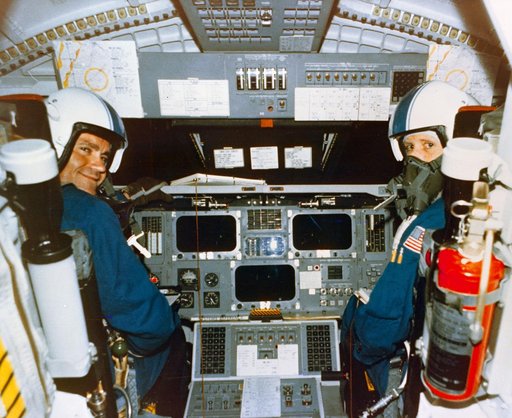 ASTRONAUTS HAISE AND FULLERTON - COCKPIT - ORBITER 101 - PREFLIGHT FREE FLIGHT - DRYDEN FLIGHT RESEARCH CENTER (DFRC), CA