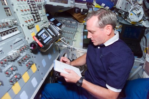 Astronaut Akers on aft flight deck