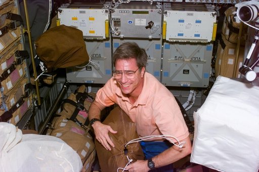 Mission specialist Blaha in Spacehab module