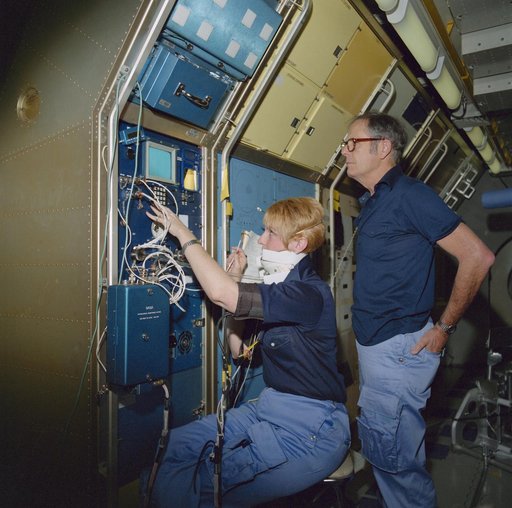 SLS-1 crewmembers in high fidelity mockup of the Spacelab