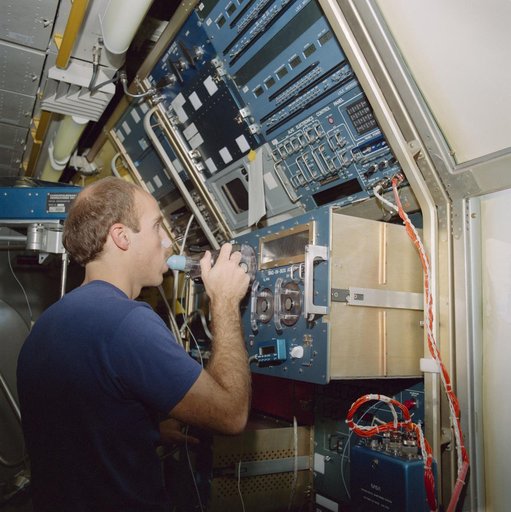 SLS-1 crewmembers in high fidelity mockup of the Spacelab