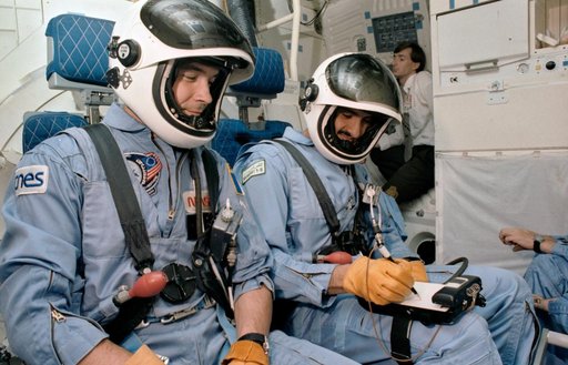 STS 51-G payload specialists participate in training exercise