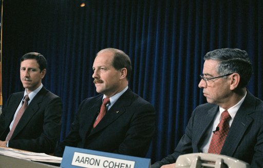 STS-26 press conference with crewmembers and JSC Director Aaron Cohen