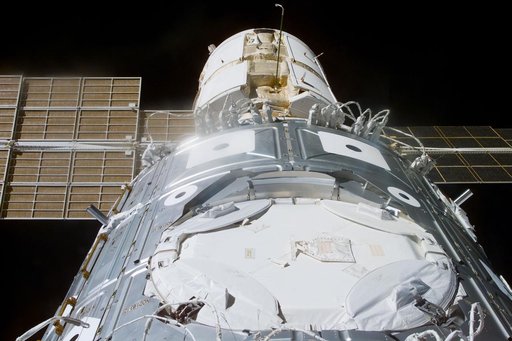 View of the docked Node 1 and FGB modules with umbilical cables attached