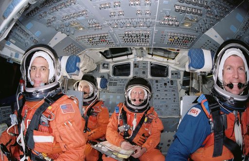 STS-29 Discovery, OV-103, crewmembers in JSC crew compartment trainer (CCT)