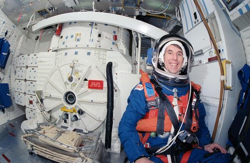 STS-29 Discovery, OV-103, MS Springer on JSC crew compartment trainer middeck