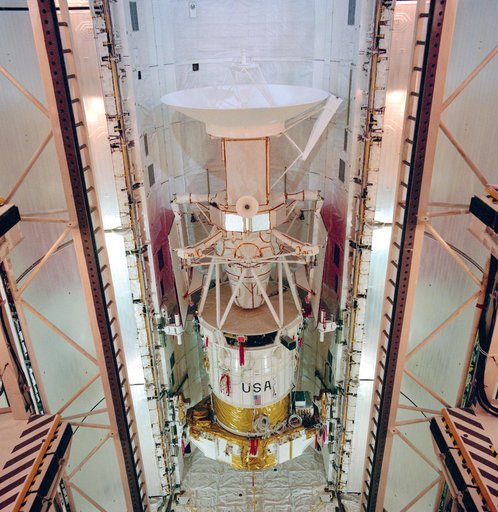 STS-30 Atlantis', OV-104's, payload bay (PLB) with Magellan spacecraft & IUS