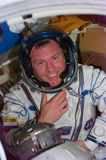MS Thomas wears a Sokol spacesuit on the Mir Space Station