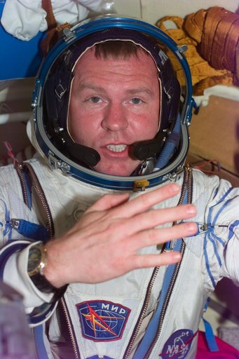 MS Thomas wears a Sokol spacesuit on the Mir Space Station