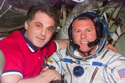 MS Thomas wears a Sokol spacesuit on the Mir Space Station