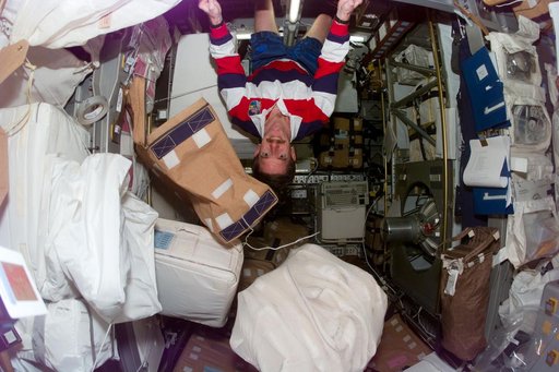 MS Reilly clings to the ceiling of the Spacehab