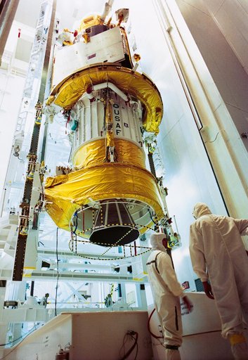 STS-44 DSP satellite and IUS during preflight processing at Cape Canaveral