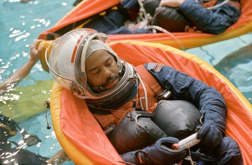 Astronaut Bernard Harris in life raft during WETF training