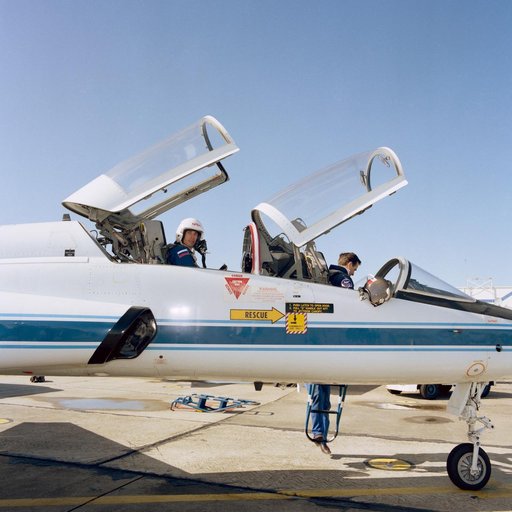 Cosmonaut Sergei Krikalev in rear station of NASA T-38 for training flight