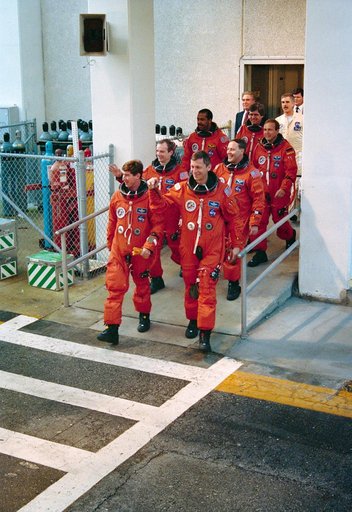 STS-55 SL-D2 crew, in LESs, rehearse launch procedures during TCDT at KSC