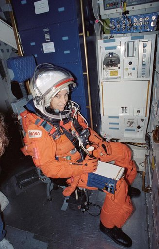 Astronaut Ellen Ochoa in middeck during launch/entry training