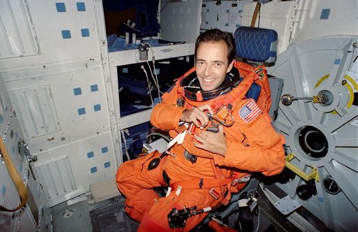 Astronaut Jean-Francois Clervoy in middeck during launch/entry training