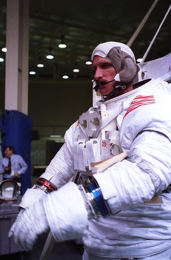 Astronauts Greg Harbaugh and Joe Tanner suit up for training in WETF
