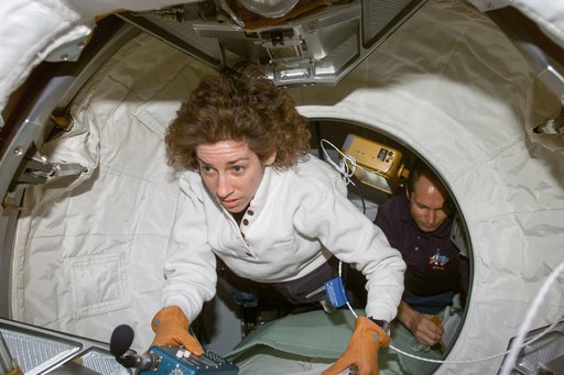 Ellen Ochoa and Valeri Tokarev prior to entry into the Spacehab