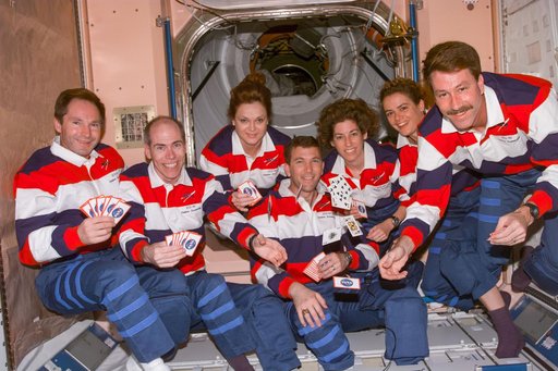 STS-96 crew plays cards in the Node 1/Unity module