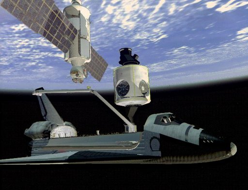 Art concept of STS-88 RMS capture of the FGB