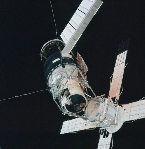 View of the Skylab space station cluster photographed against black sky