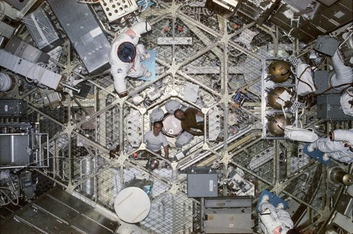 View from airlock hatch looking down length of Orbiting Workshop