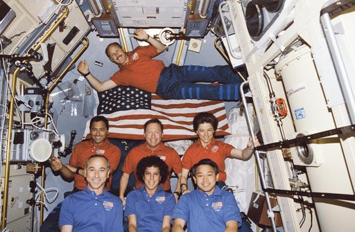 In orbit crew portrait of STS-50 crewmembers in the spacelab.