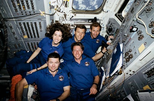 In orbit crew portraits, taken in the aft flight deck.