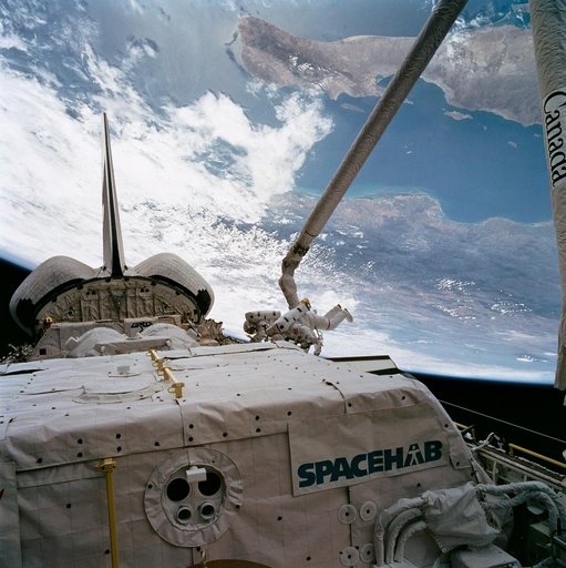 STS-57 astronauts Low and Wisoff perform DTO 1210 EVA in OV-105's payload bay