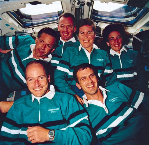 STS-57 traditional onboard crew portrait on flight deck of Endeavour, OV-105