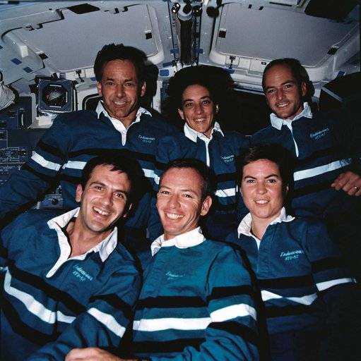 STS-57 traditional onboard crew portrait on flight deck of Endeavour, OV-105