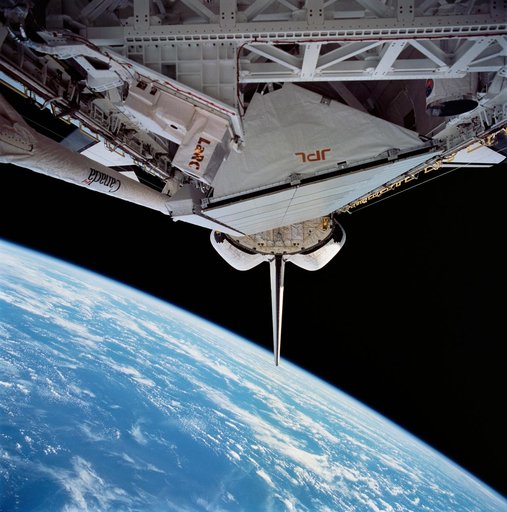 View of STS-59 Endeavour's payload bay featuring Space Radar Laboratory