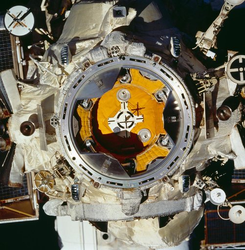 Docking target on Mir space station as seen from Shuttle Discovery