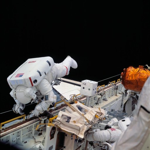 Astronauts James Voss and Michael Gernhardt during EVA