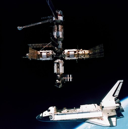 A view of Atlantis preparing to dock with the Mir Space Station on STS-71