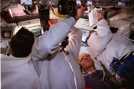 STS-75 crew on aft flight deck during TSS-1R deployement